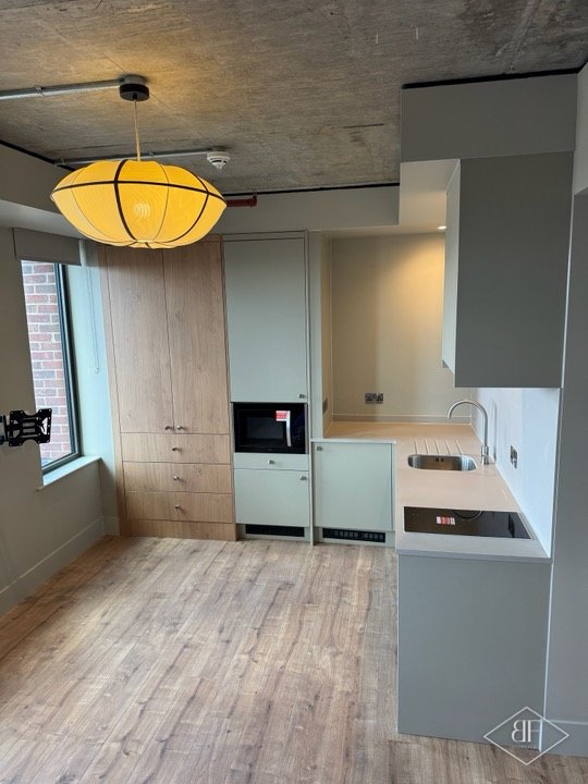 Kitchen and storage run with oak-effect tall cupboards and pendant light in a London development
