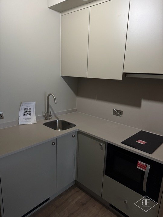 Corner worktop with sink, built-in oven and grey-green cabinet doors