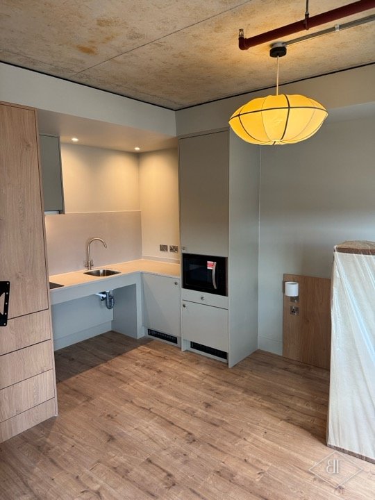 Wheelchair-height open sink area beside tall units in a finished apartment kitchen