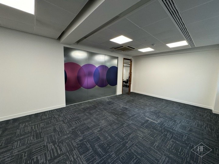 Spacious room with new partition wall, glazed panel and ceiling lights