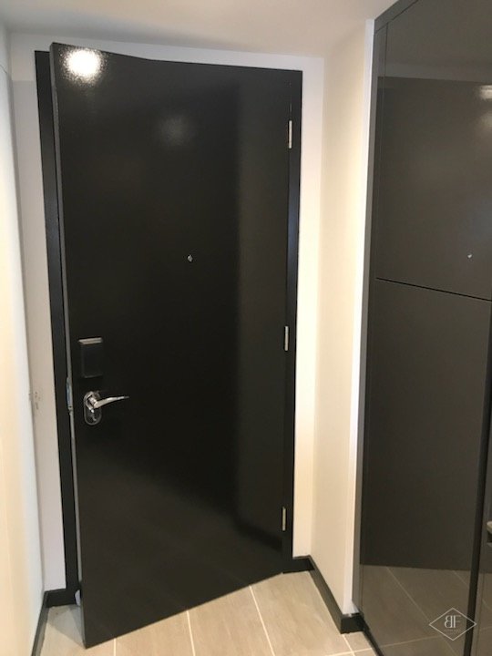 Dark entrance door and tall glossy cupboards in the suite hallway