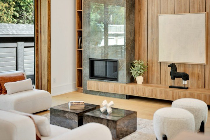 Modern living room with a wood-panelled feature wall