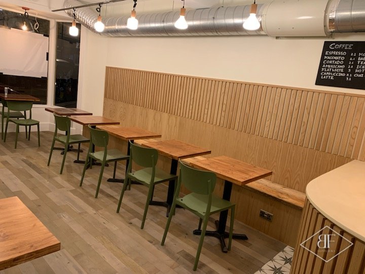 Slatted oak bar and wall panelling, Suzette café