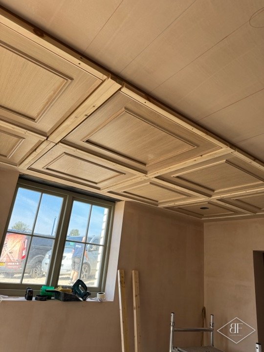Oak coffered ceiling above sash windows in Tunbridge Wells, during installation